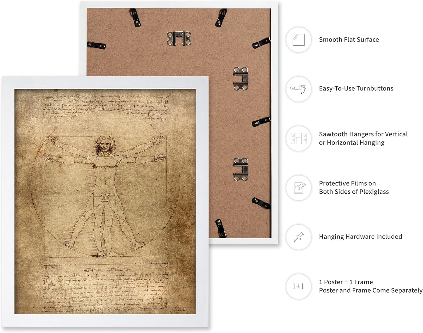Poster Master Classic Leonardo Da Vinci Poster - Vintage Renaissance Print - Gift for Artist, Friend - Vitruvian Man, Proportion, Symmetry, Human Body - Wall Decor for Office, 8x10 White Framed