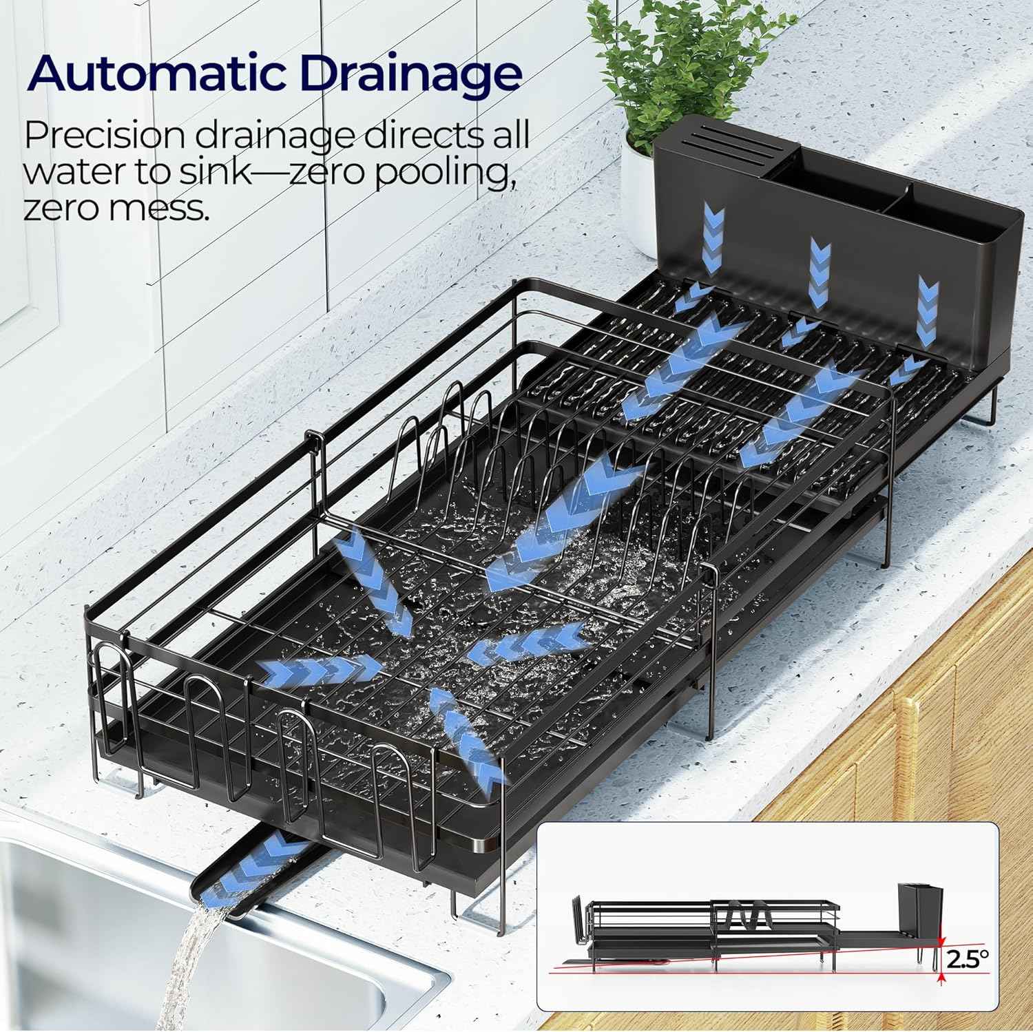 Large Dish Drying Rack, Expandable Dish Rack for Kitchen Counter, Dish Drainer with Drainboard Set, Multifunctional Dishrack with Utensil & Cup Holder, 13.4"-28.7" L x 11.8" W x 7.8" H, Black