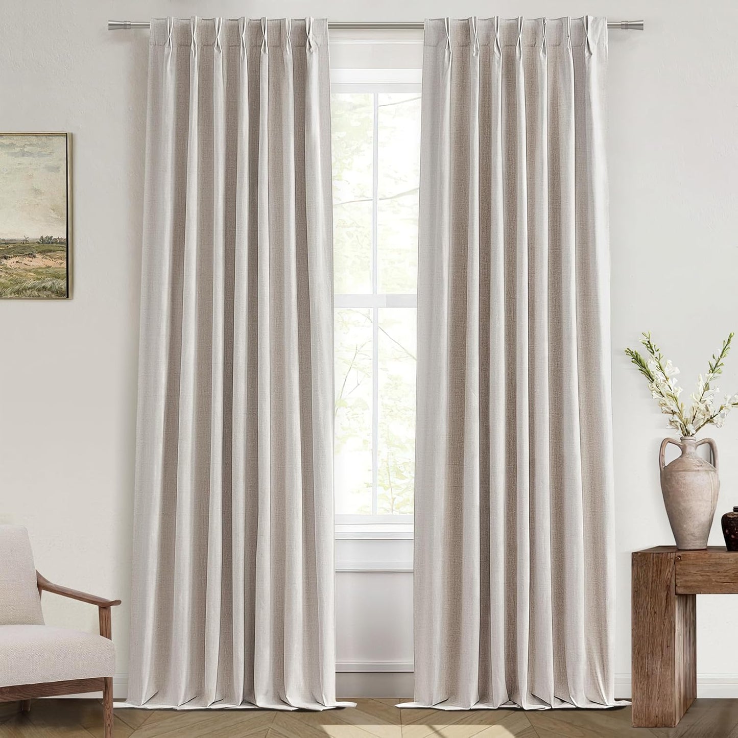 Extra Long Blackout Pinch Pleated Luxury Curtains 132 Inch Long for Living Room, Rustic Country Natural Linen Thick Office Sound Proof Privacy with Floor to Ceiling Drapes 11 FT W40"xL132"x2 Panels