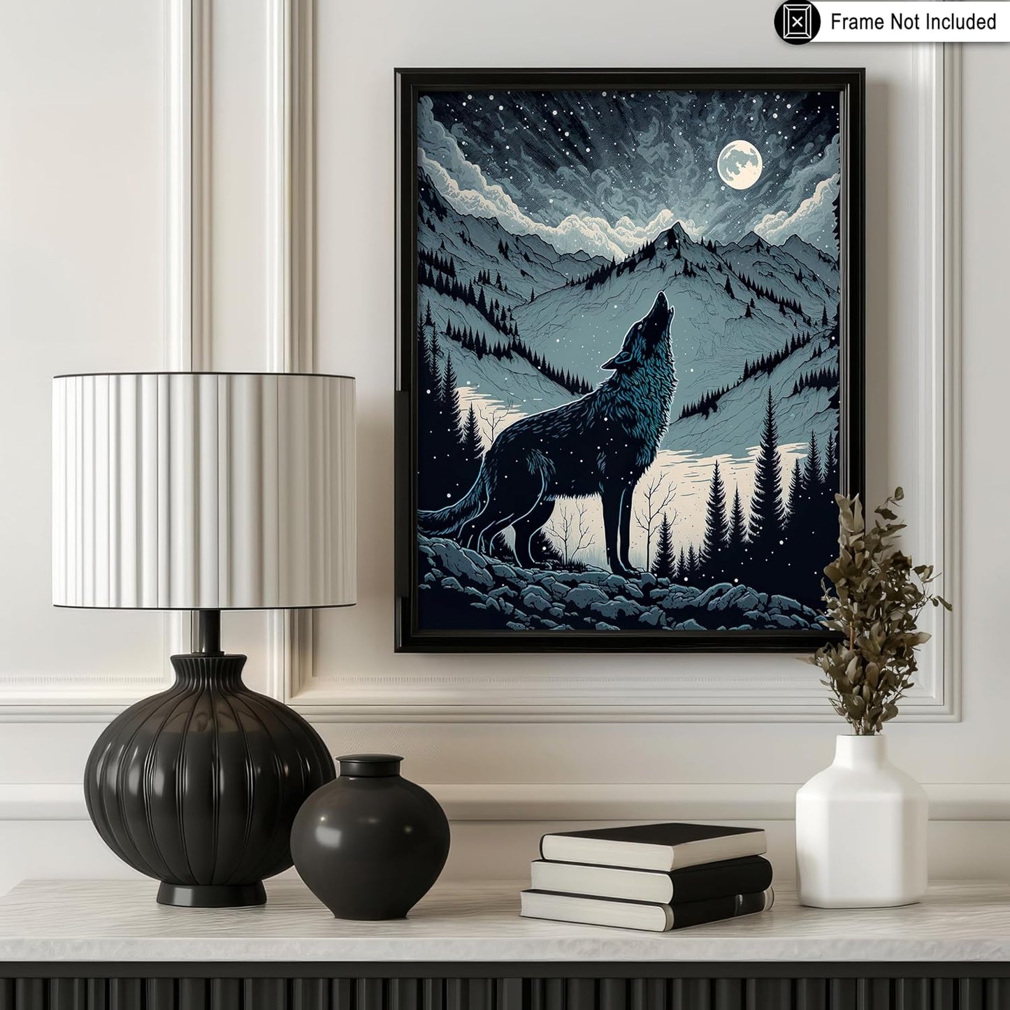 Poster Master Howling Wolf Poster - Moon Print - Mountain Art - Wolf & Moon Art - Gift for Men, Women & Animal Lover - Landscape Decor for Bedroom, Living Room or Kid's Room - 11x14 UNFRAMED Wall Art