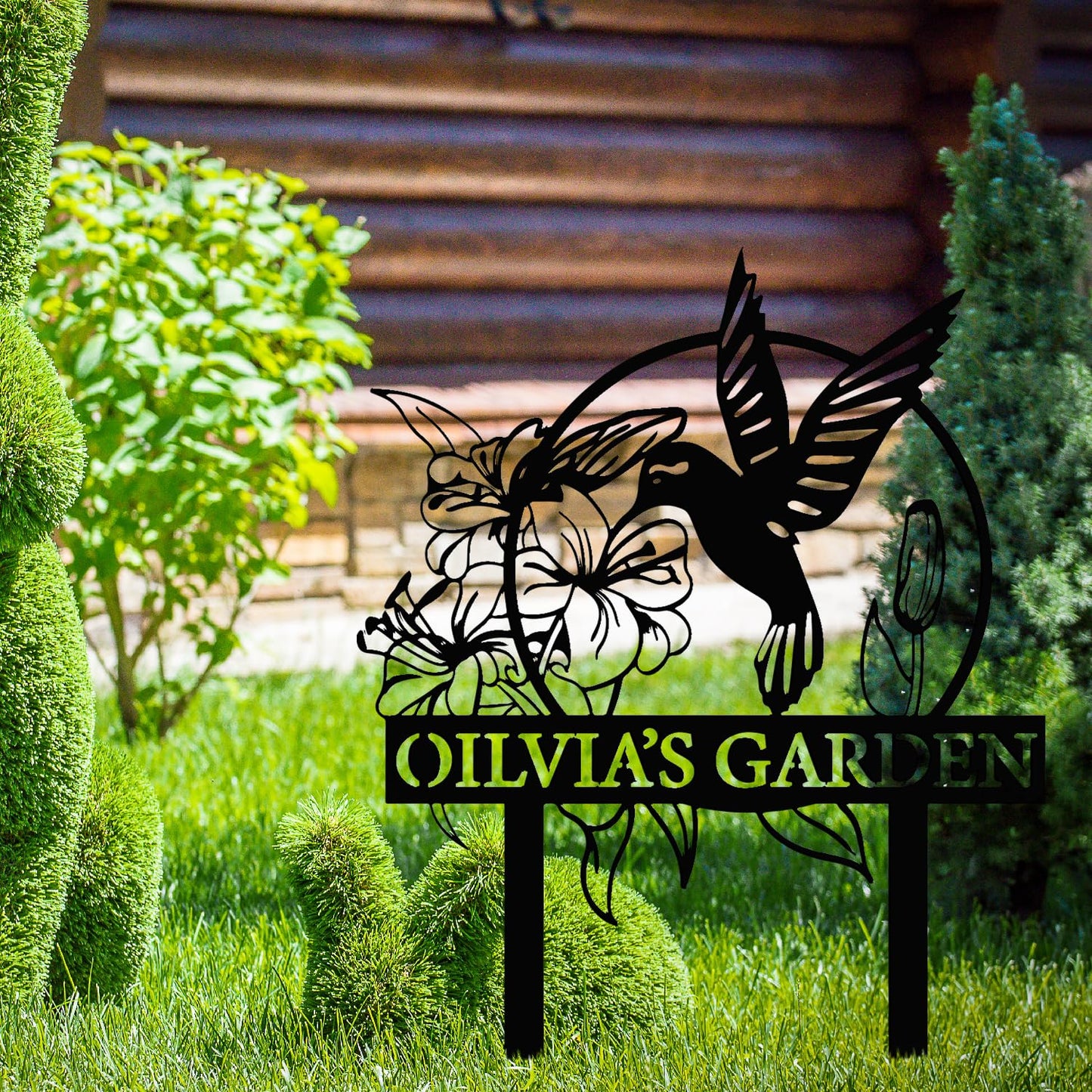 Custom Hummingbird Metal Garden Decor, Personalized Bird with Stakes Garden Sign, Flower Design Personalized Garden Sign, Custom Garden Name Sign, Home Gift, Large Outdoor Decor, Patio Decor