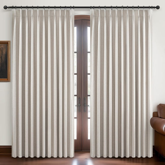 Curtains 70 Inch Length Wide Pinch Pleated Blackout for Sliding Glass Door, Farmhouse Natural Linen Thick Thermal for Summer Heat/Sound Noise Reducing Heavy Large Window Drapes (70"Wx102"Lx2Panels)