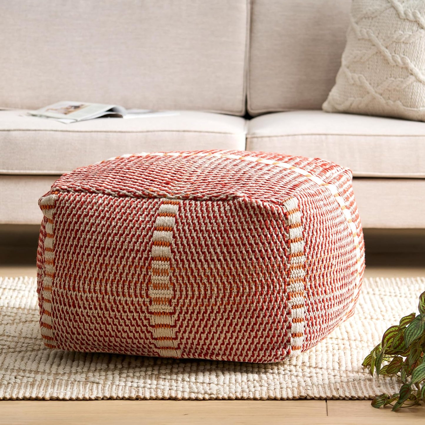 GDF Studio Indoor/Outdoor Boho Handmade Water Resistant Fabric Rectangular Pouf Ottoman Foot Stool - Bean Bag Floor Chair - Foot Rest Couch for Living Room Bedroom, Red and Orange,26" x 26" x 16.5"