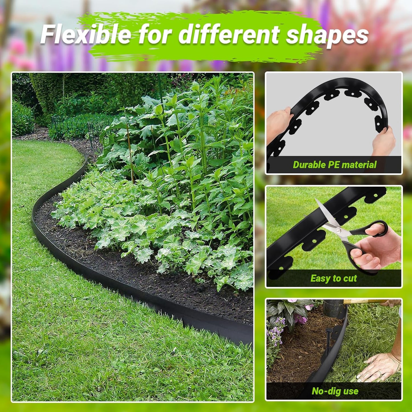 Greaner Landscape Edging Kit, Durable Plastic Garden Border Edging with 130 PCS Spikes, No Dig Edging for Landscaping, Flexible Lawn Edging for Garden, Flower Beds, Lawn, Yard, Pathway(Black, 66FT)