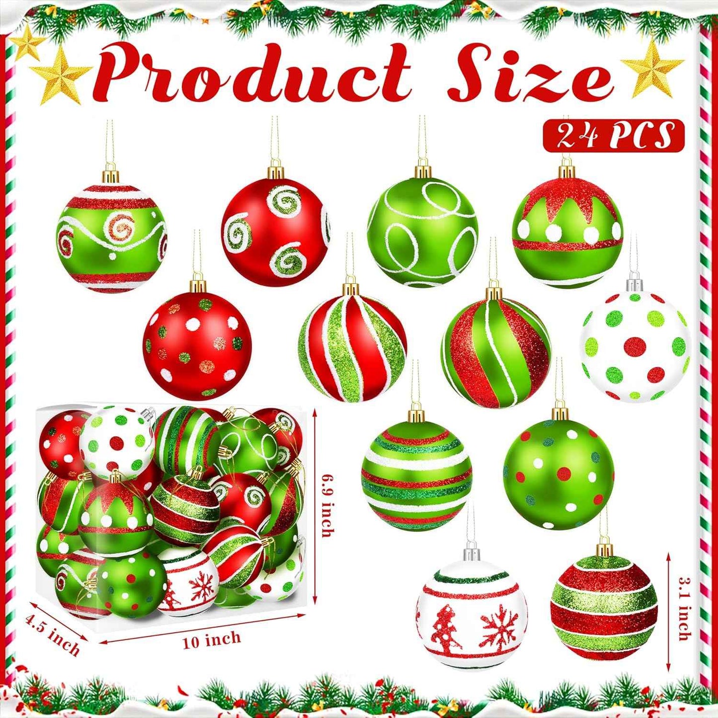 24Pcs Christmas Ball Ornaments Red Green White Shatterproof Christmas Tree Decorations 2.4 Inch Glittering Swirl Candy Hanging Ornaments for Xmas Tree Holiday Party Decor (Colorful)