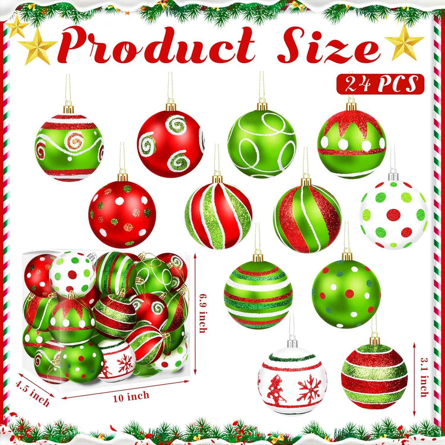 24Pcs Christmas Ball Ornaments Red Green White Shatterproof Christmas Tree Decorations 2.4 Inch Glittering Swirl Candy Hanging Ornaments for Xmas Tree Holiday Party Decor (Colorful)