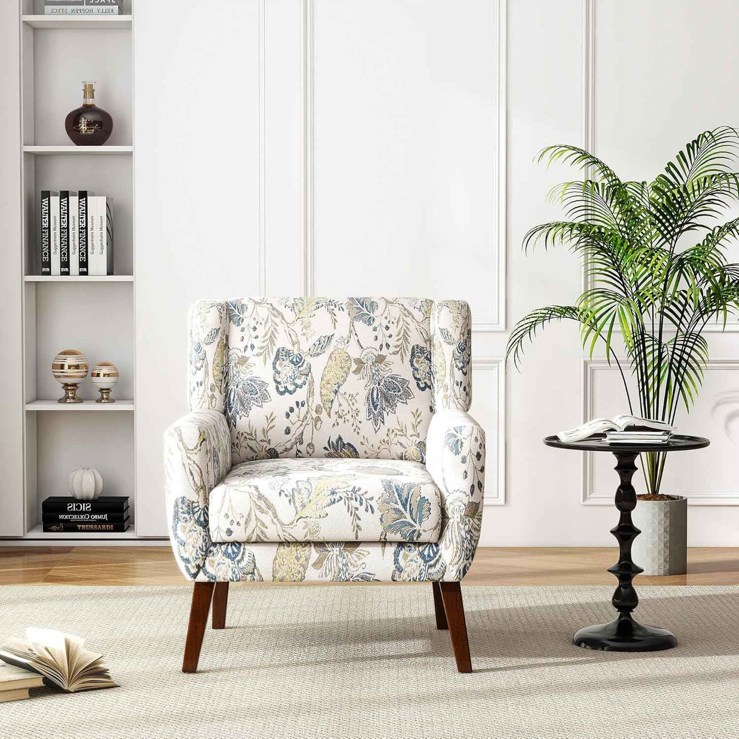 Floral Accent Chair, Modern Upholstered Armchair in Fabric for Living Room, Comfy Club Arm Chairs Single Sofa Button Tufted Bedroom Reading Seat - Pattern Leaf, Set of 1