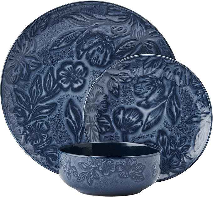Paltzgraff Garden Elegance 12 Piece Floral Stoneware Dinnerware Plate Bowl Dish Set, Service for 4, Blue