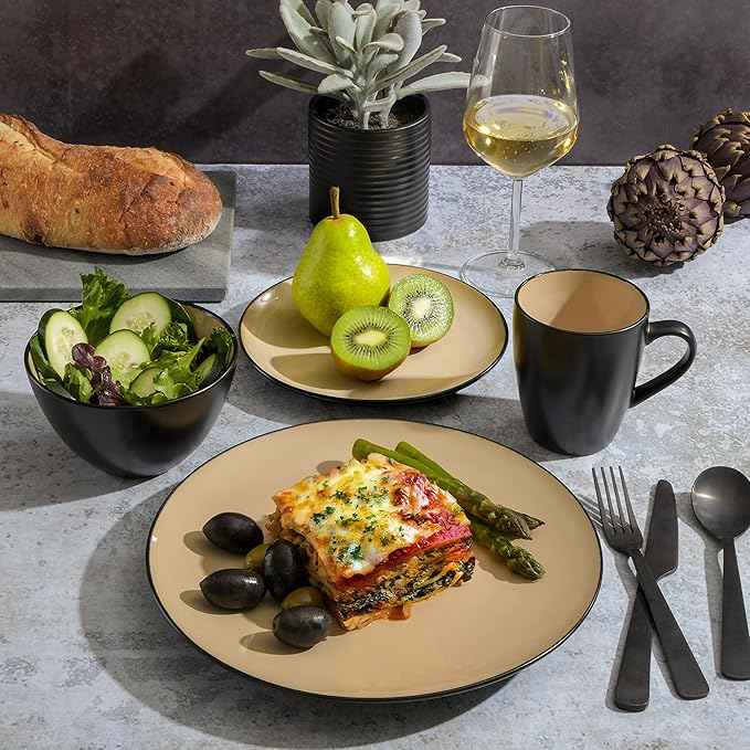 Gibson Elite Soho Lounge 16-Piece Round Reactive Glaze Stoneware Dinnerware Set, Service for 4 – Taupe Plates and Bowls