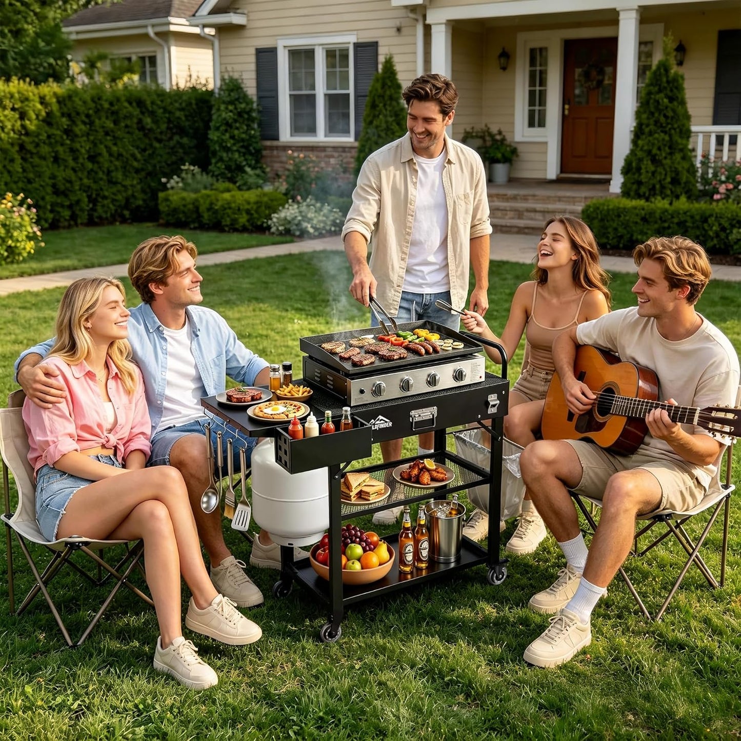 Grill Cart for Blackstone Griddle, Foldable Outdoor Grill Table with Wheels for Ninja, Pizza Oven Stand Grill Stand Fit 17 or 22 Inch Tabletop Griddle, Portable BBQ Prep Station with Tool Hooks