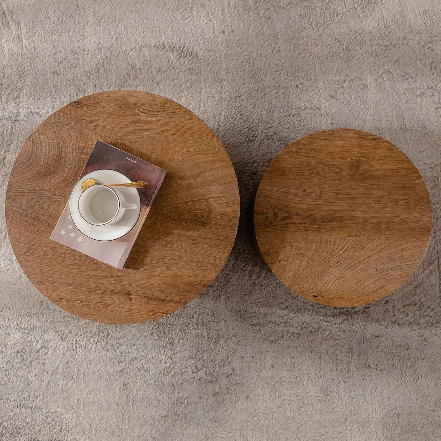 Nesting Round Coffee Table Set of 2, Accent End Table for Small Spaces, Morden Drum Side Table, Wooden Circle Center Table for Living Room, Fully Assembled - Light Walnut