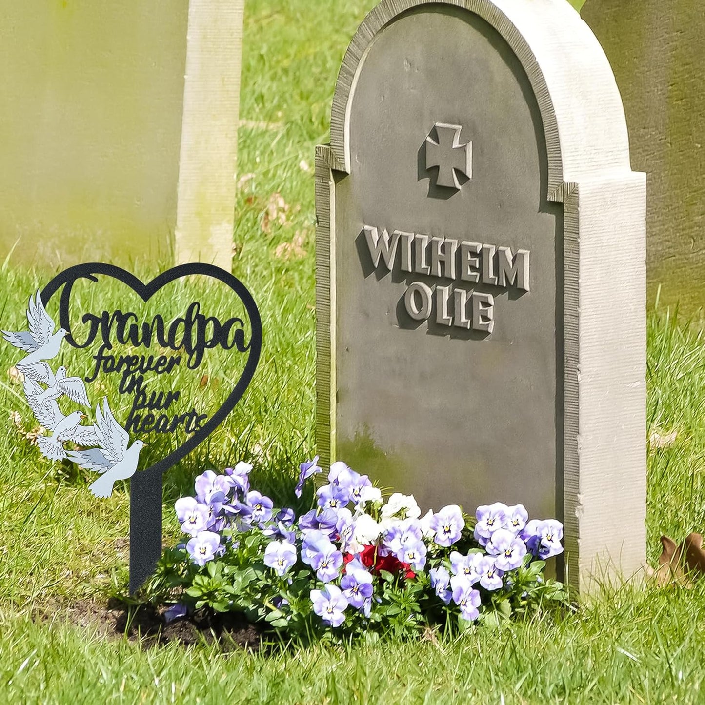 BUoonyer Stake Graves Cemetery Decorations - Grandpa Metal Memorial Grave Markers, Grandfather Heart Graveyard Sympathy Plaque, Dove Remembrance Graveside Burial Decor Sign for Outside Yard Garden
