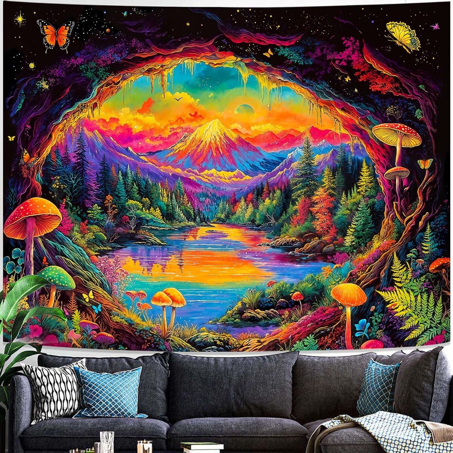 Haibimen Blacklight Landscape Tapestry Wall Hanging Forest Mushroom Aesthetic Tapestries for Bedroom Nature Mountain Lake Wall Art for Living Room, Dorm Decor (lake, 80''×60'')