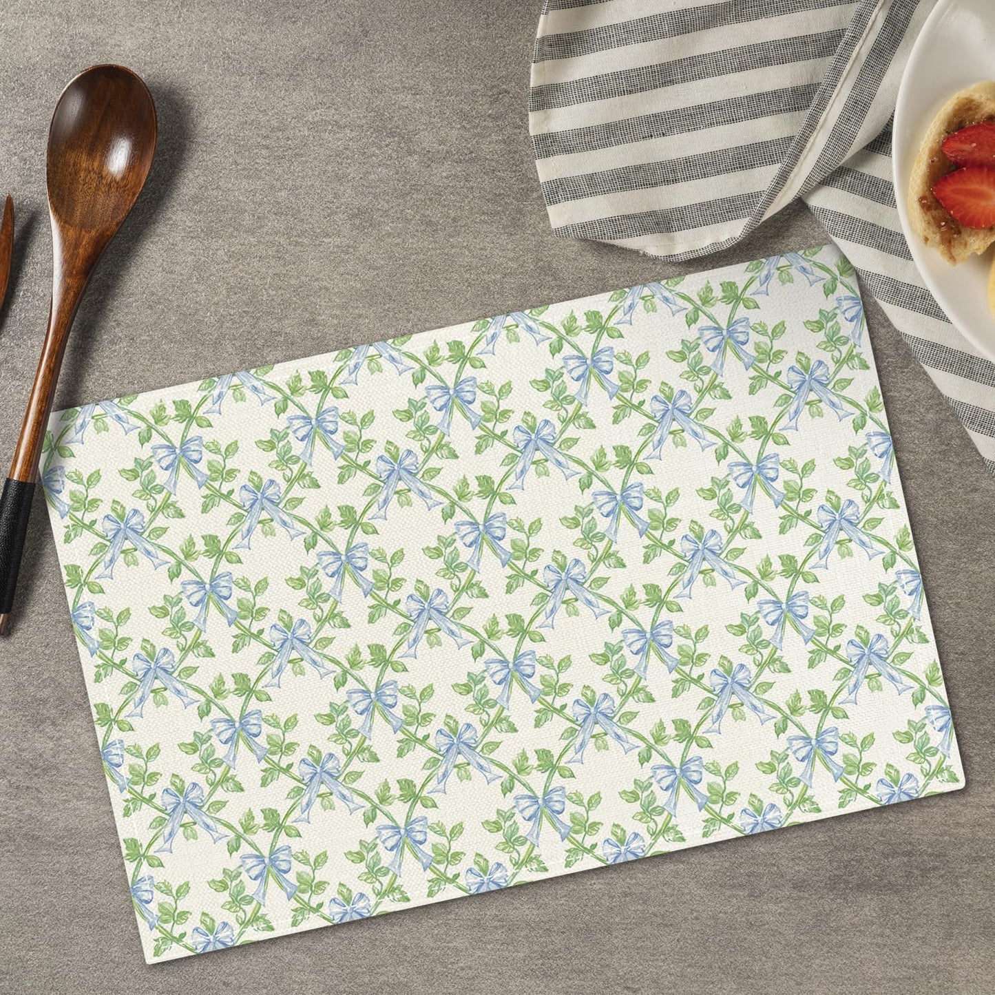Green Leaf Placemats Set of 4, Blue Bow Table Mat for Home Kitchen, Restaurants, Outdoor Linen Washable Place Mats 12x18 inch Party Event Dining Decoration-01