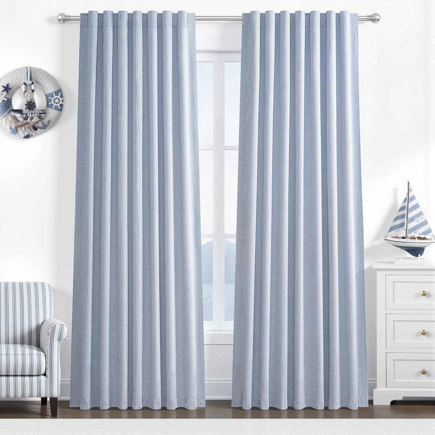 Dusty Blue Blackout Nursery Curtains 90 Inch Length for Kids/Boys Rooms/Bedroom, Floor to Ceiling Track Pleated Window Drapes with Hooks Linen Winter Thermal Coastal Light Blue(50"Wx90"Lx 2Panels)