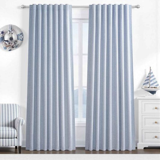 Dusty Blue Blackout Nursery Curtains 90 Inch Length for Kids/Boys Rooms/Bedroom, Floor to Ceiling Track Pleated Window Drapes with Hooks Linen Winter Thermal Coastal Light Blue(50"Wx90"Lx 2Panels)
