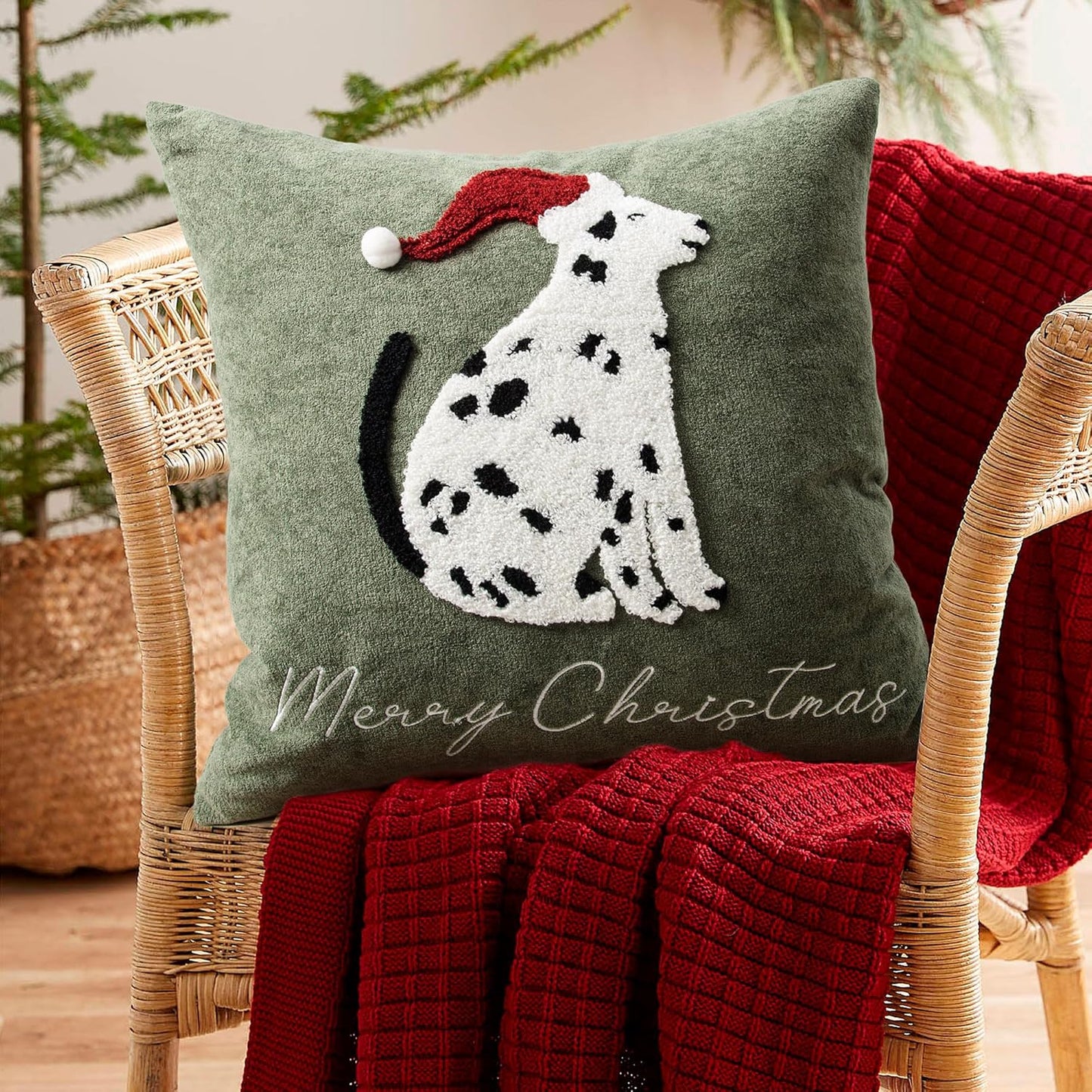 Cute Spotted Dog Christmas Pillow Covers 18x18, Embroidered Throw Pillow Covers Christmas Decorations Holiday Pillows for Home Couch, Green White/Black Velvet Cushion