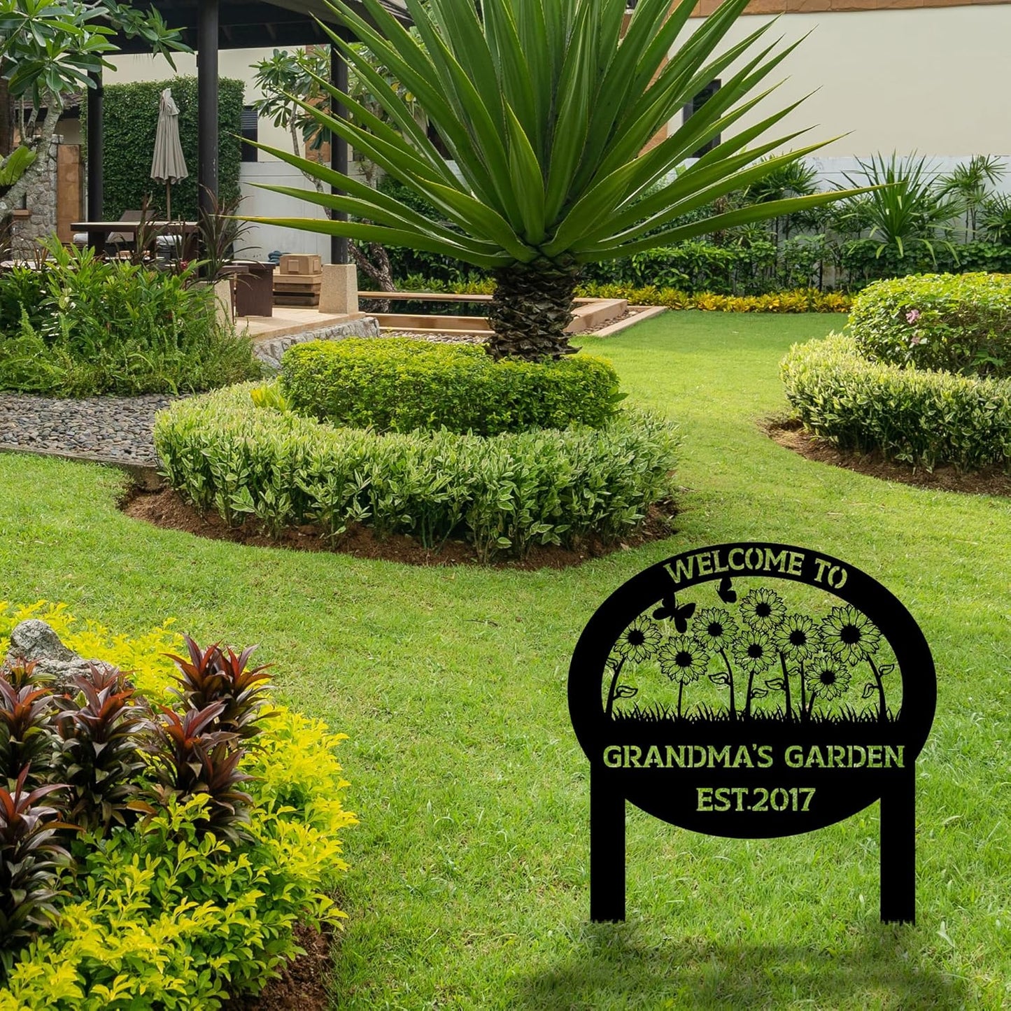 Personalized Metal Garden Sign with Stake, Custom Flowers Garden Decor for Outdoor, Custom Family Name Sign, Patio Decorations, Lawn Art, Farmhouse Decorative, Housewarming Gift