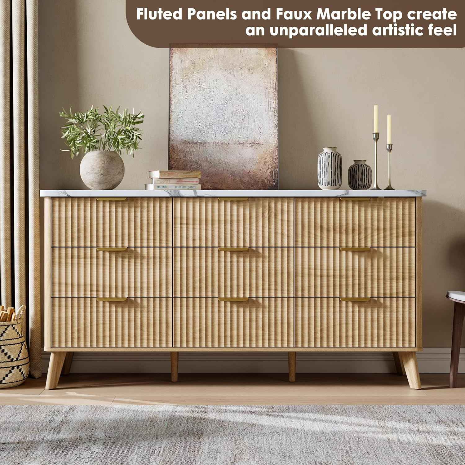Fluted Dresser for Bedroom with 9 Deep Drawers, 60.6" Wide Modern Chest of Drawer with Faux Marble Top, Wooden Dresser TV Stand, Curved Profile Design, for Living Room, Kids Room, Hallway, Natural Oak