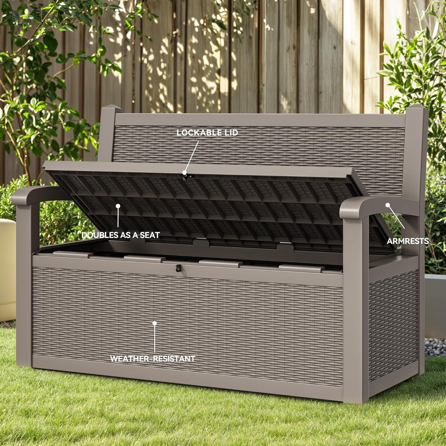 YITAHOME 70 Gallon Storage Bench Deck Box, Lockable Patio Bench, Waterproof Outdoor Pool Deck Storage for Patio Cushions, Garden Tools and Pool Supplies, Light Brown