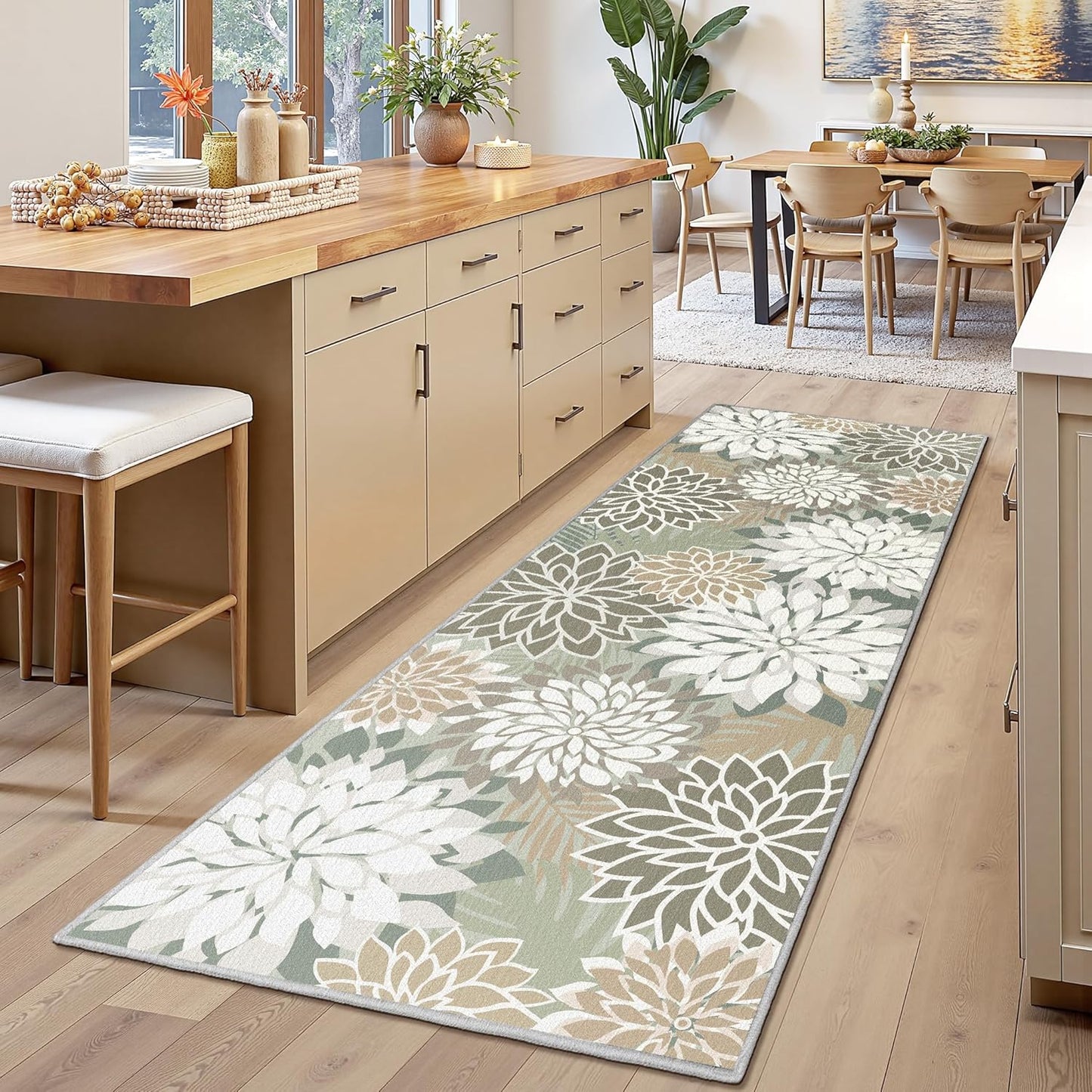 Area Rug 2x6 Brown White Washable Entry Rug Multicolored Tropical Botanical Modern Floral Indoor Kitchen Door Mat Entrance Carpet Non Slip for Bedroom Living Room, Porch