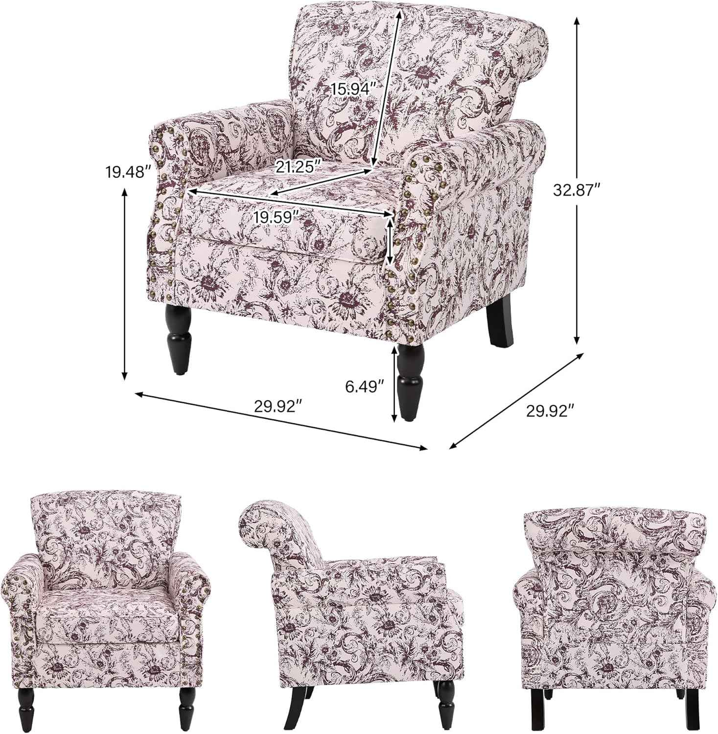 Accent Chair, Upholstered High Back Floral Armchair with Nailhead Trim & Wood Legs, Comfy Wingback Reading Single Sofa Chair for Small Spaces, Living Room, Bedroom (Rococo Black, Set of 1)
