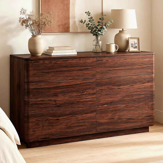 ACCOHOHO 6 Drawer Dresser for Bedroom, 52" Wide Modern Wood Dresser with Hidden Handle Drawers, Large Storage Chest of Drawers, TV Stand for Living Room & Hallway, Curved Profile Design, Dark Walnut