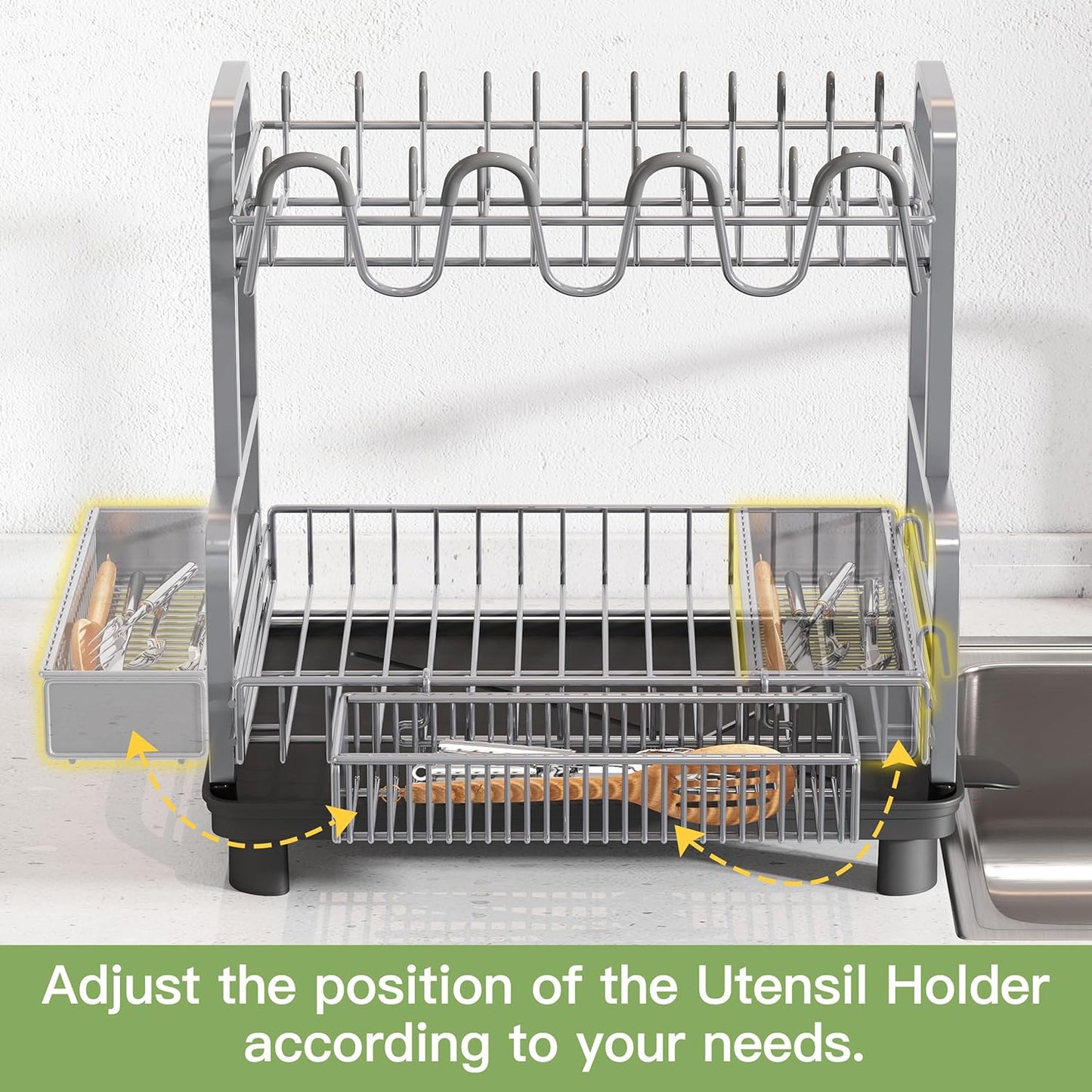romision 2 Tier Compact Stainless Steel Dish Drainers Drying Rack for Kitchen Counter, Space Saving, Rust Proof Plate Strainers Holder On Countertop with Drainboard, Modern Gray, Small