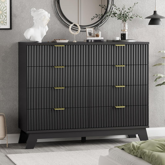 Fluted Dresser for Bedroom with 8 Drawers, 48" Wide Modern Chest of Drawers with Metal Handle, Wooden Dresser TV Stand, Wood Closet Clothes Storage Drawer Organizer for Living Room, Hallway, Black