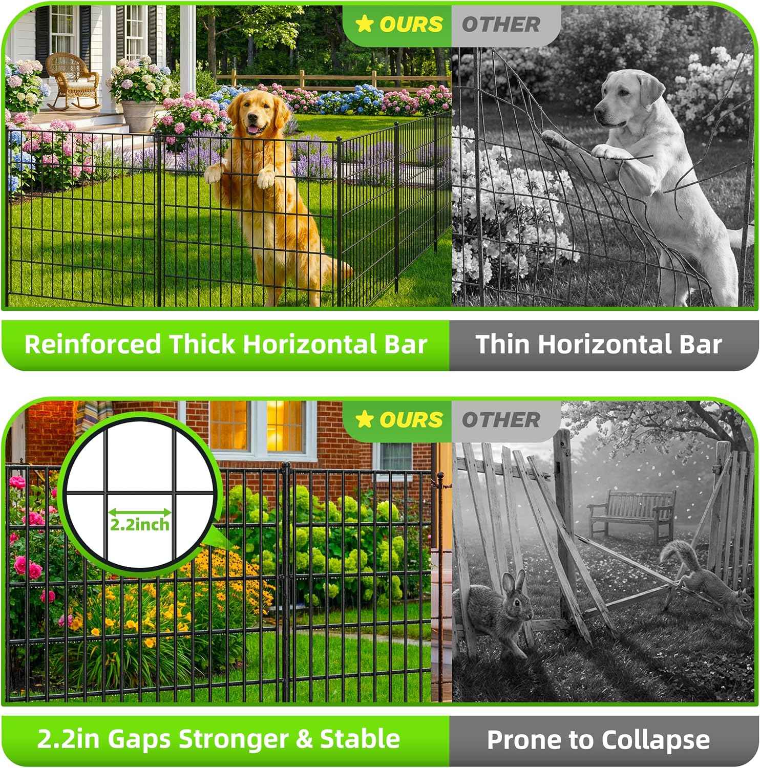 Toolterritary 10 Panels No Dig Decorative Garden Fence with Gate, 40in(H) x 25ft(L), Dog Fence Outdoor for Yard - Rustproof Metal Animal Barrier Fencing for Patio, Flower Bed, Ideal for Dogs, Rabbits