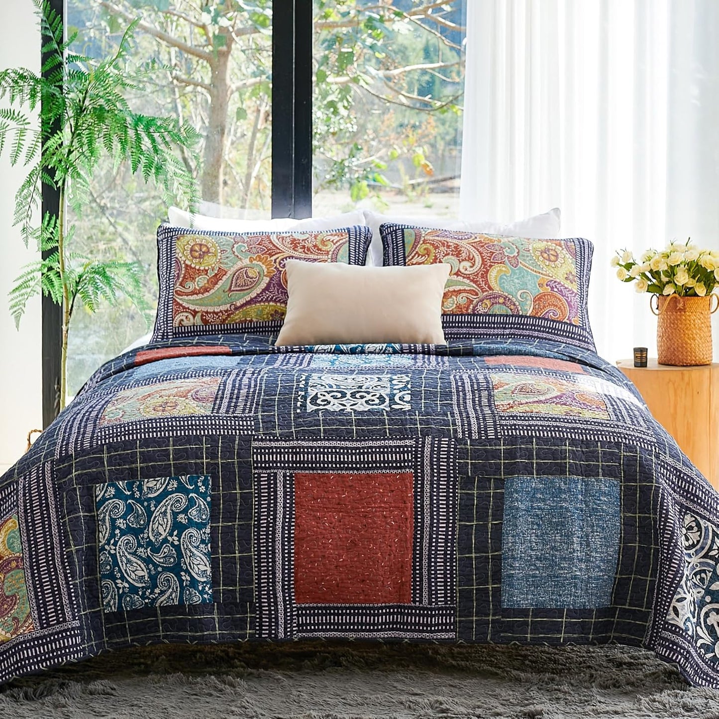 Secgo Queen Comforter Set for Bed - 100% Cotton Quilts Queen Size, Black Bedspreads (90 * 98 Inch) with 2 Pillow Shams, Patchwork Reversible Lightweight Bedding