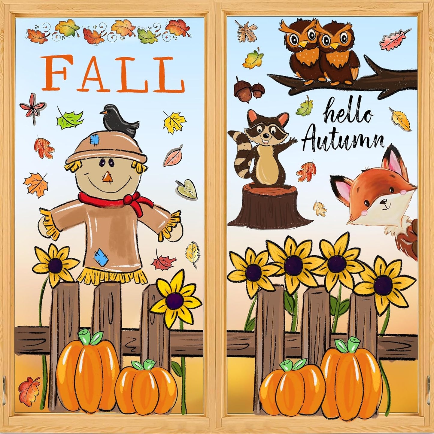6 Sheets Fall Window Clings Fall Watercolor Pumpkin Maple Leaves Scarecrow Owl Sunflower Window Stickers for Autumn Thanksgiving Harvest Home Window Decals Decor