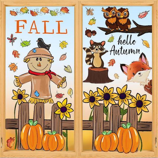 6 Sheets Fall Window Clings Fall Watercolor Pumpkin Maple Leaves Scarecrow Owl Sunflower Window Stickers for Autumn Thanksgiving Harvest Home Window Decals Decor
