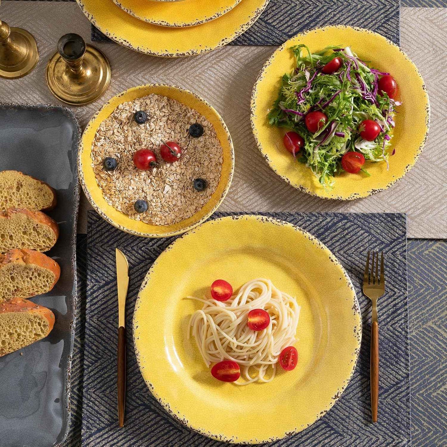 12-Piece Rustic Melamine Dinnerware Set With Dinner Plate, Salad Plate And Large Capacity All Purpose Bowls,Service for 4, Indoor And Outdoor Use, Yellow