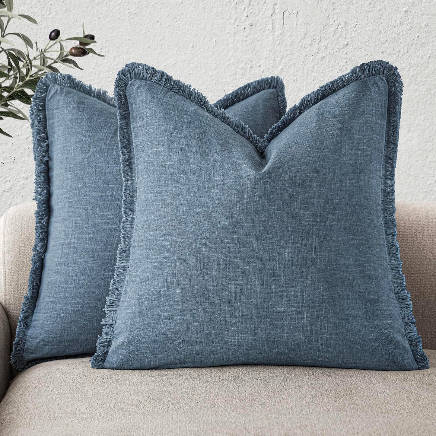 Foindtower Set of 2 Decorative Linen Fringe Throw Pillow Covers Cozy Boho Farmhouse Cushion Cover with Tassels Soft Accent Pillowcase for Couch Sofa Bed Living Room Home Decor, 26×26 Inch, Misty Blue