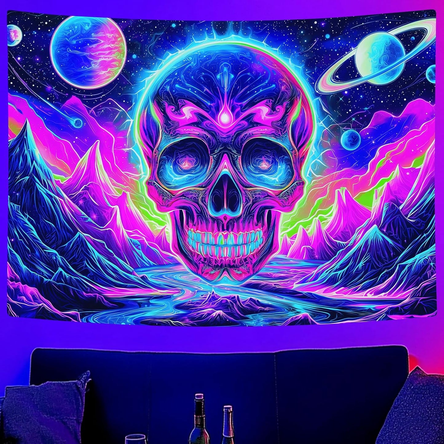Blacklight Skull Tapestry, UV Reactive Gothic Skeleton Mountain Galaxy Planet Wall Hanging Tapestries, Glow in the Dark Horror Face Halloween Aesthetic Poster for Bedroom Living Room Decor 60X40IN
