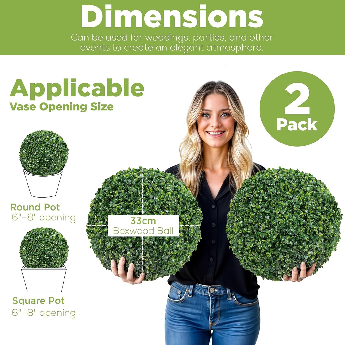 DRAY Premium 13" Faux Boxwood Balls – Set of 2 Artificial Topiary Spheres for Outdoor & Indoor Use – Realistic, UV-Resistant, Weatherproof Decorative Greenery – Check Measurements