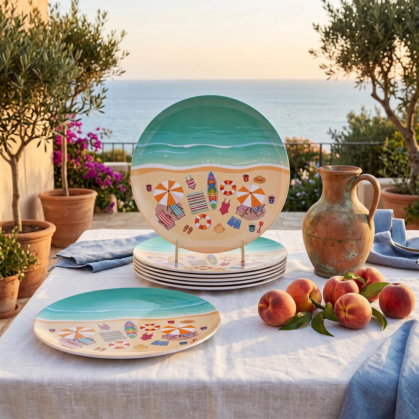 Melamine Plates Set of 6, 10-Inch Unbreakable Melamine Dishes, Reusable Dinner Plates Set, Dishwasher Safe Outdoor Dinnerware for for Poolside, Picnic, RV,Camping Party（Summer Beach ）