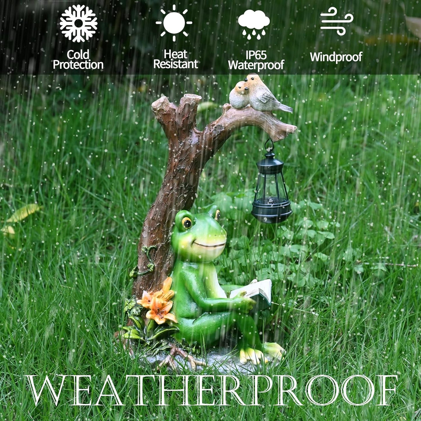 WENYLE Frog Figurine Garden Decor, Outdoor Resin Reading Frogs Statues with Solar Lantern, Funny Frog Solar Light Garden Statues Decoration for Patio Yard Lawn Porch Ornament
