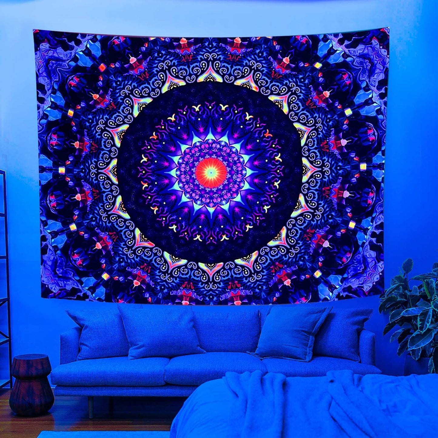 OSVINO Blacklight Trippy Mandala Tapestry 59"x51" UV Reactive Fantasy Tapestry Aesthetic Wall Decor for Living Room Bedroom Boho Wall Hanging