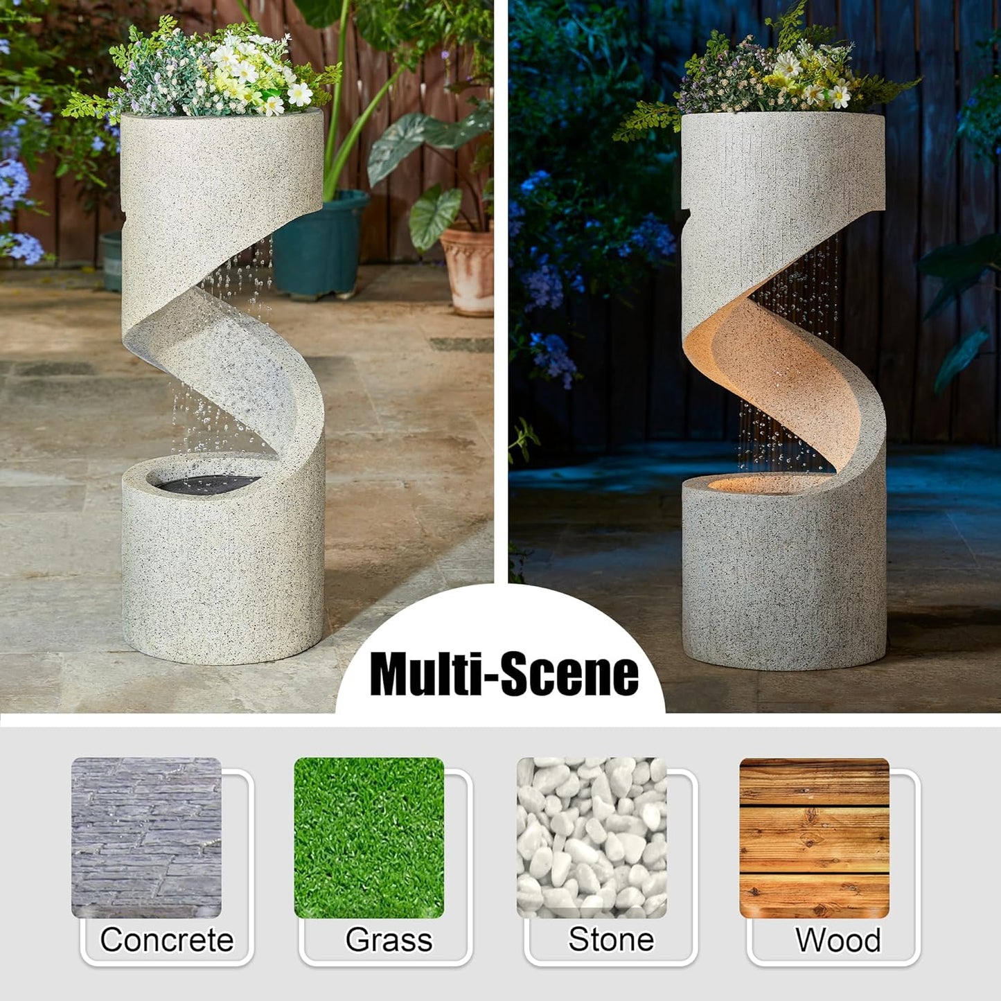 Glitzhome Decorative Tiered Outdoor Water Fountain with LED Light, Curved Waterfall Fountain with Stone Planter, Faux Terrazzo Spiral Shaped Fountains for Garden Deck Patio Porch, 31.25”H