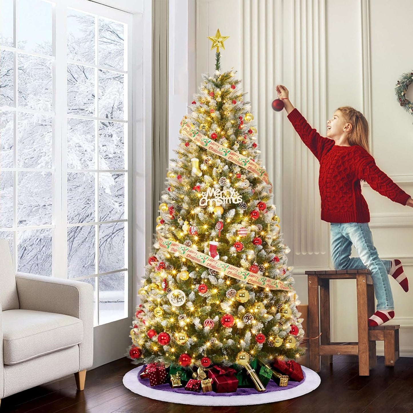 9 ft Christmas Tree, Christmas Decorations with 900 Lights, Pre-lit Artificial Christmas Tree with 1800 Snowy White PVC Branches, Flodable Metal Stand＆Easy Assembly