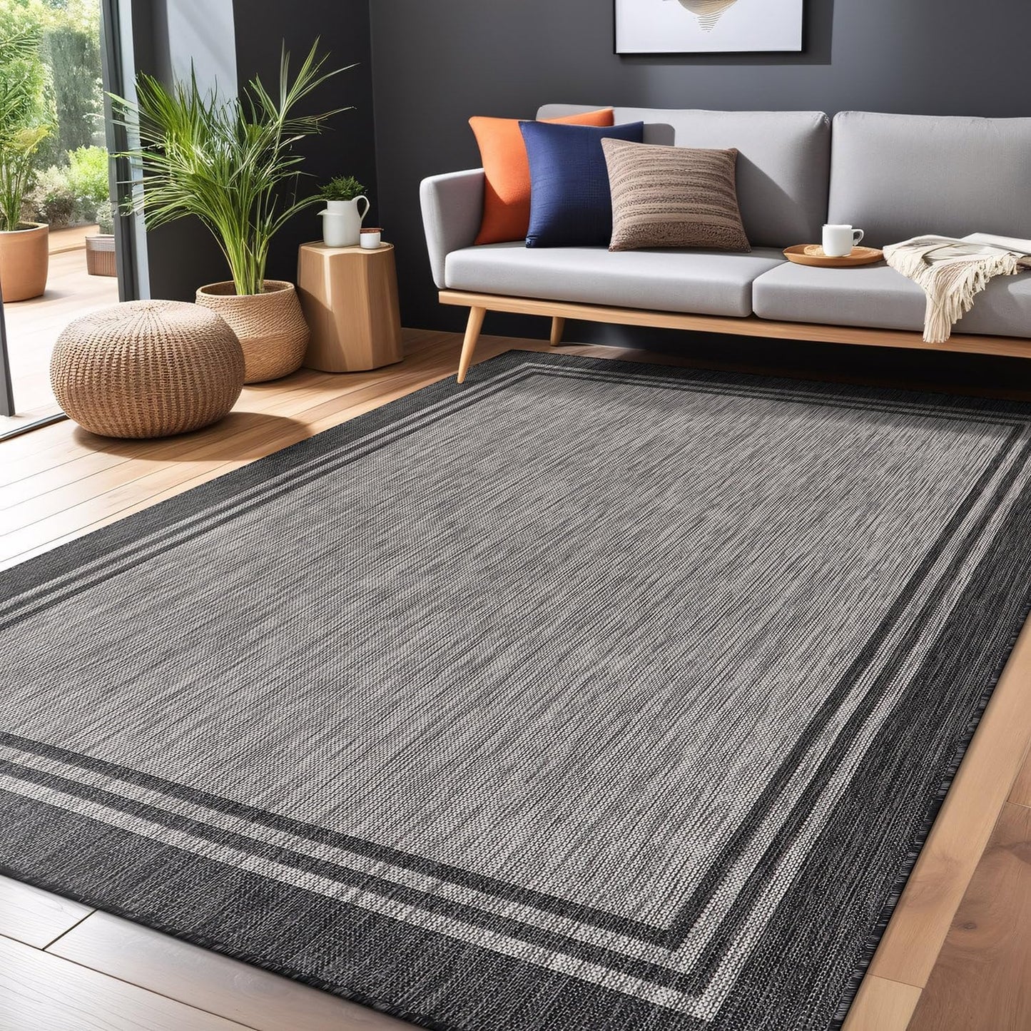 Bordered Outdoor Rug 5x7 Washable Outside Carpet for Indoor Patio Porch Waterproof Easy Cleaning Non Shedding Area Rugs Dark Gray 5 x 7