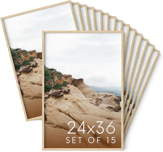 Haus and Hues 24x36 Natural Oak Wood Picture Frames Set of 15 - Premium Bulk Picture Frames 24x36 Bundle - Elegant Gallery Wall Frame Set for Posters, Art Display - Ideal for Wall Decor in Home &