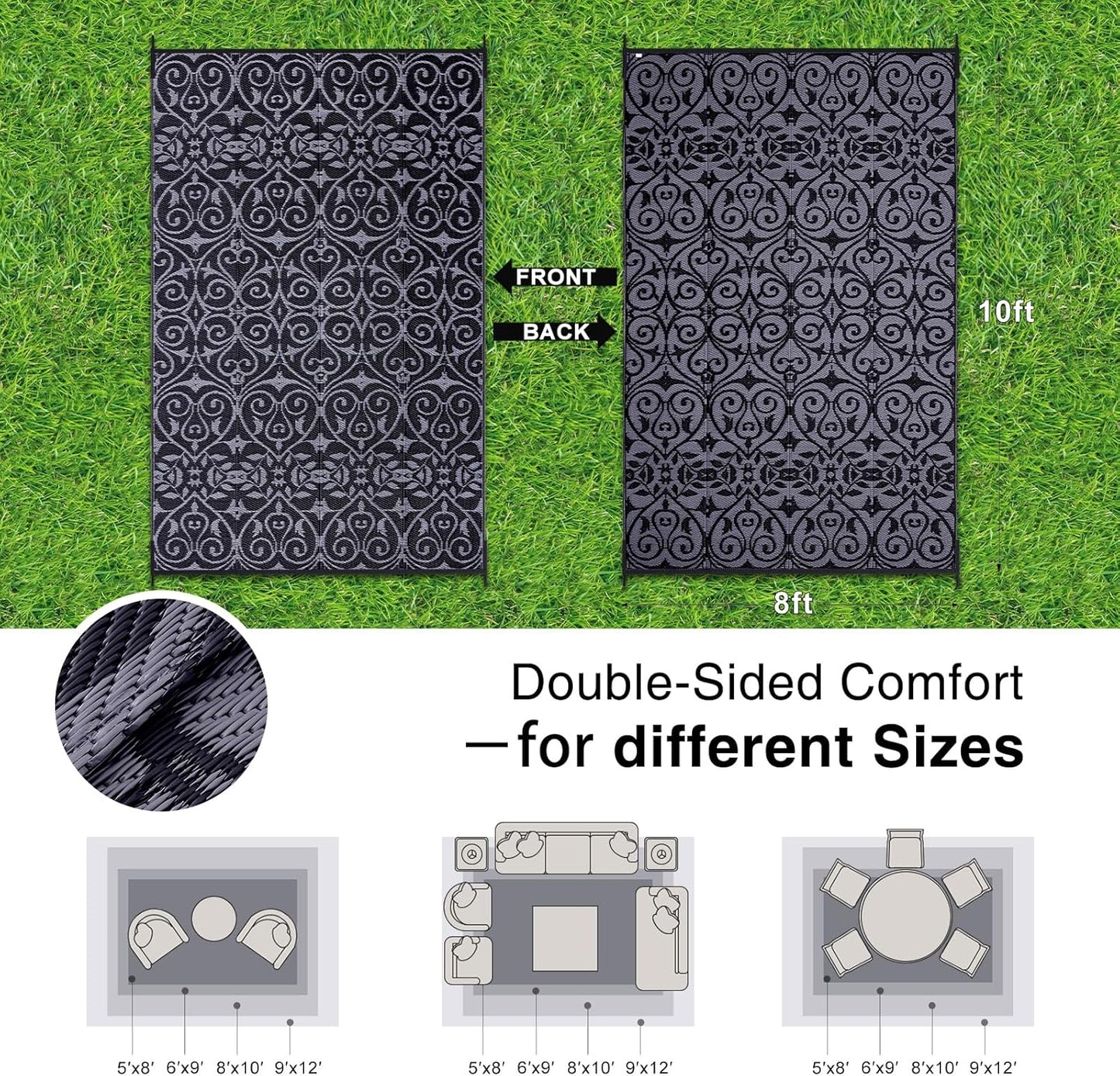 OLANLY Outdoor Rug Waterproof 8x10 ft Clearance, Reversible Outdoor Plastic Straw Rug with Floral Pattern, RV Mat for Patio, Camping, Balcony, Deck, Backyard, Black & Grey