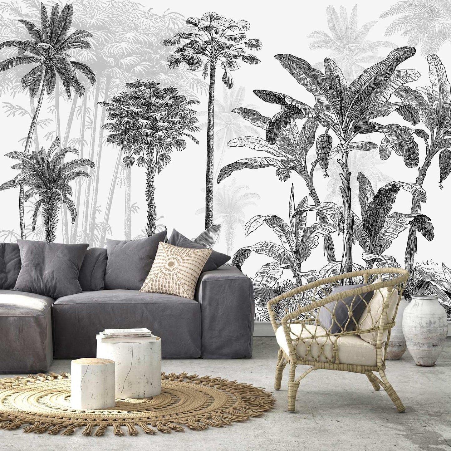 AFZEVEB-Black and White Jungle Wallpaper Hand-Painted Tree Wall murals for Bedroom 136"x96" (Not Peel and Stick)