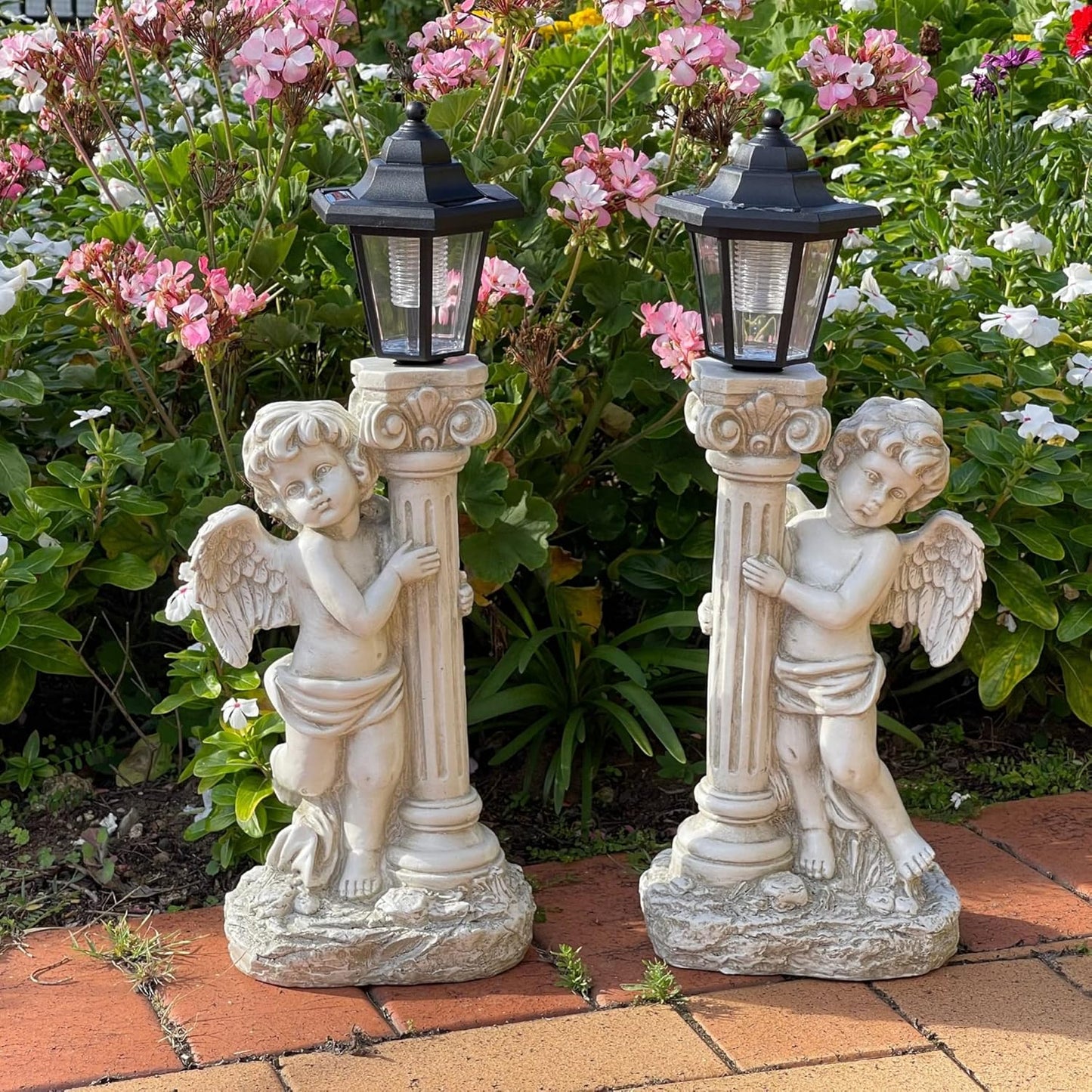 Angel Statue with Solar Lights (Left) 19.7 Inch, Outdoor Solar Angel Garden Statue with Roma Pillar for Garden Lawn Deocr, Christian Religious Gift