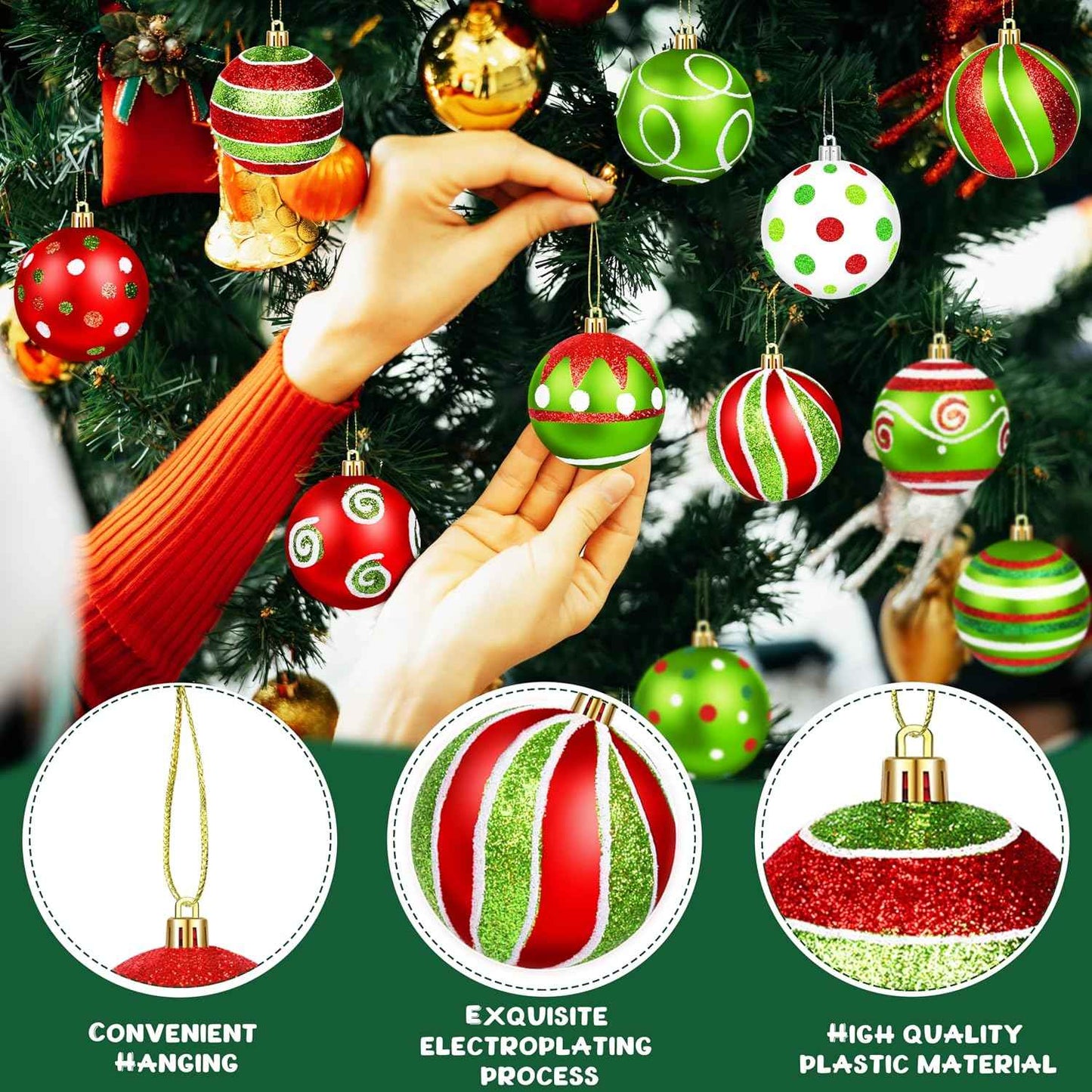 24Pcs Christmas Ball Ornaments Red Green White Shatterproof Christmas Tree Decorations 2.4 Inch Glittering Swirl Candy Hanging Ornaments for Xmas Tree Holiday Party Decor (Colorful)