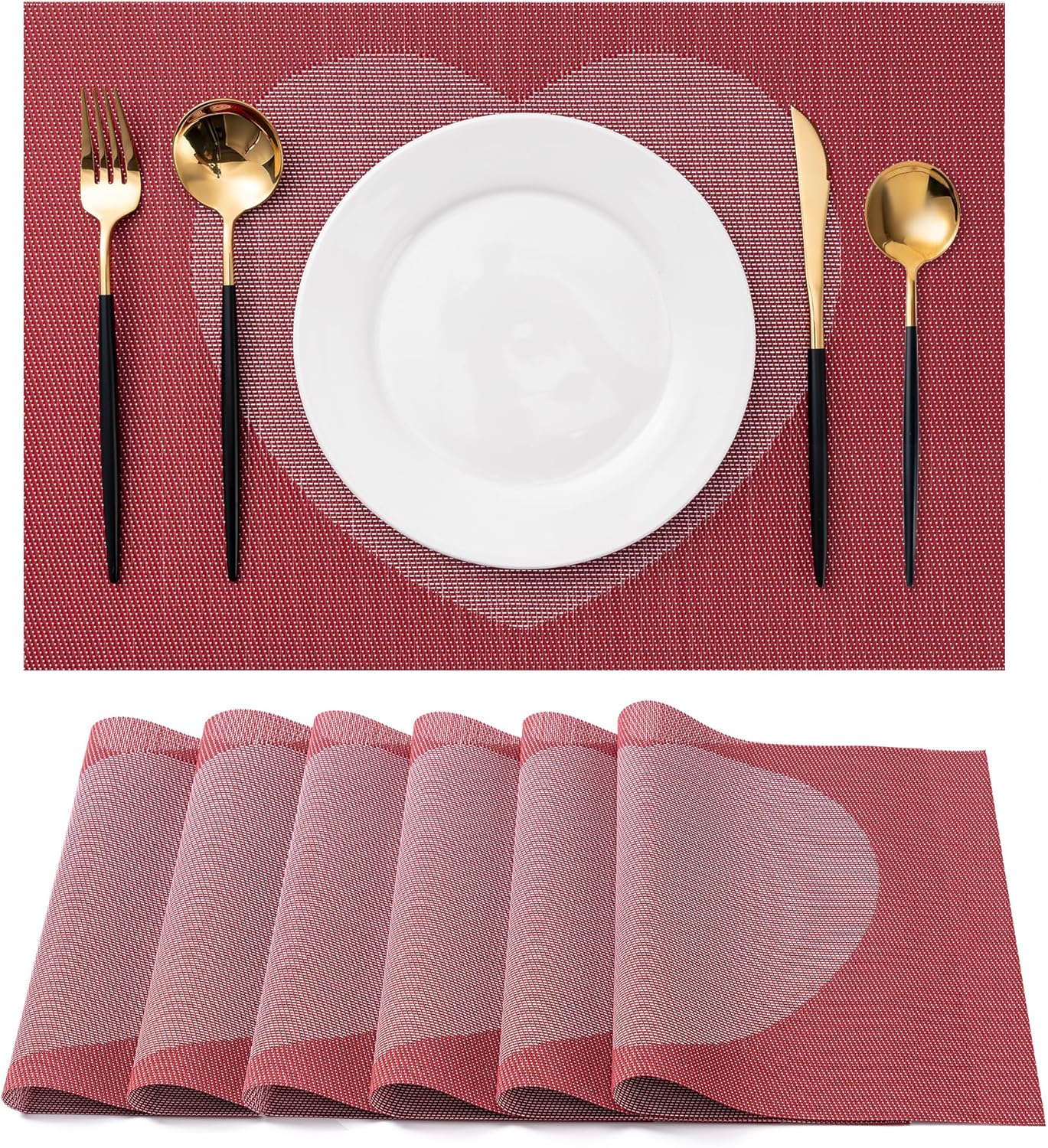 CADONO Placemats Set of 6 Washable Indoor/Outdoor Vinyl Place Mats for Dining Table Durable Non-Slip Heat Resistant PVC Weave Table Mats（Red Pink Heart）