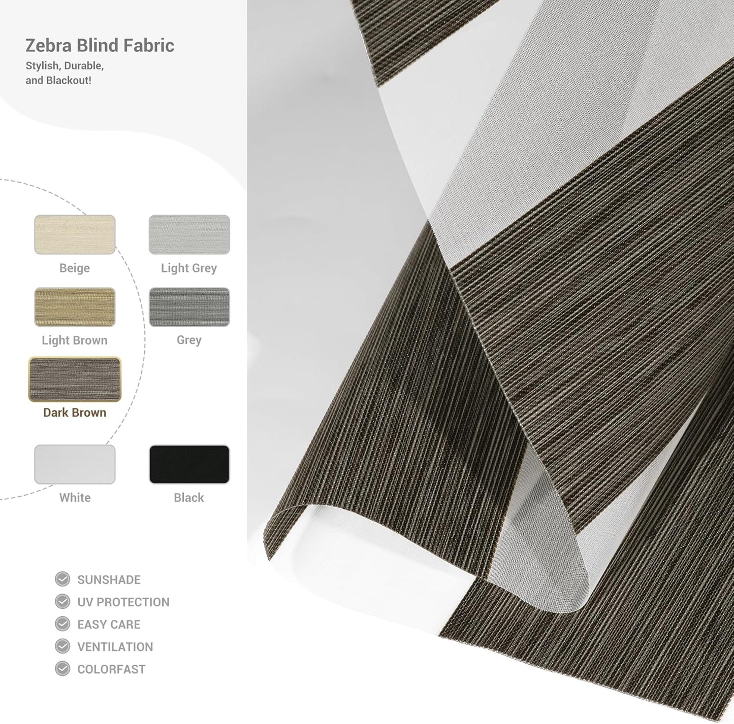 Cordless Zebra Blinds for Windows, Blackout Interior Blinds,Easy to Install,UV Protection,for Offices and Home,Custom Roller Shades, Mousse Dark Bown,71" W x 80" H